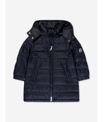 Moncler Enfant Girls Down Padded Meillon Long Parka in Navy brillant des détails fins