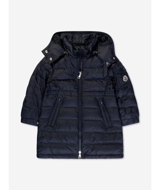 Moncler Enfant Girls Down Padded Meillon Long Parka in Navy brillant des détails fins