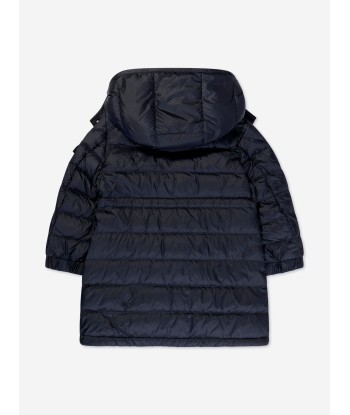 Moncler Enfant Girls Down Padded Meillon Long Parka in Navy brillant des détails fins