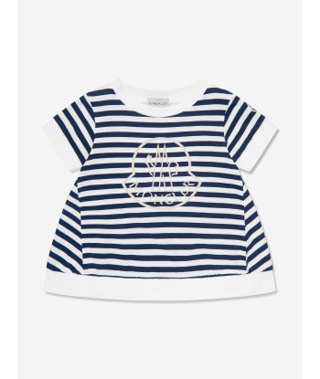 Moncler Enfant Girls Striped Logo T-Shirt in Navy Les magasins à Paris