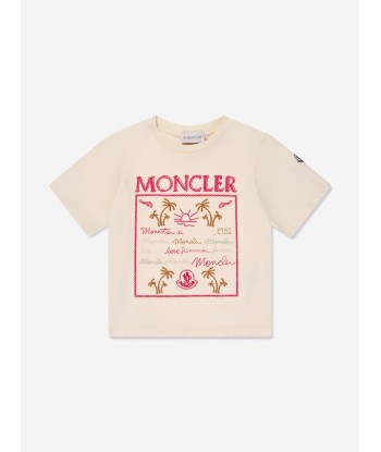 Moncler Enfant Girls Palm Trees Logo T-Shirt in Ivory en stock