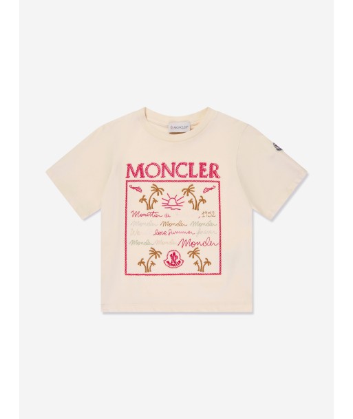 Moncler Enfant Girls Palm Trees Logo T-Shirt in Ivory en stock