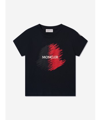 Moncler Enfant Boys Logo Print T-Shirt in Navy de pas cher