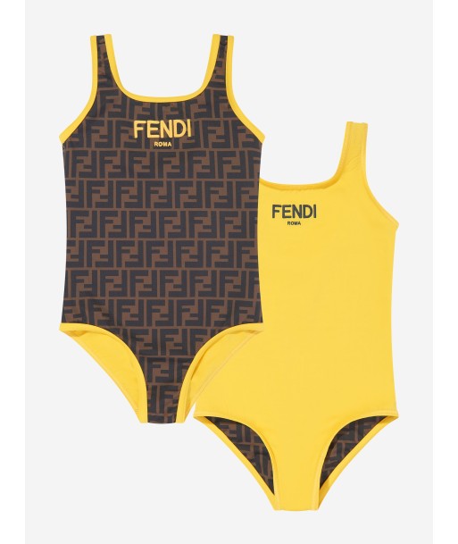 Fendi Girls FF Logo Reversible Swimsuit in Brown brillant des détails fins