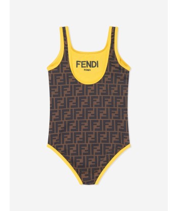 Fendi Girls FF Logo Reversible Swimsuit in Brown brillant des détails fins