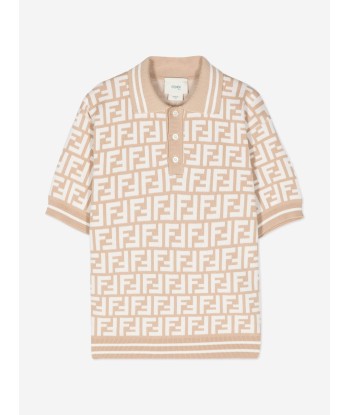 Fendi Boys FF Knit Polo Shirt in Beige pas cher 