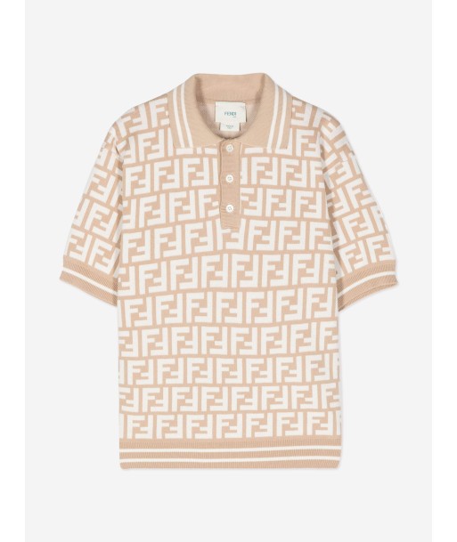 Fendi Boys FF Knit Polo Shirt in Beige pas cher 