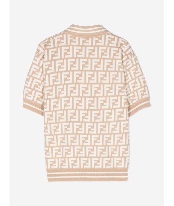 Fendi Boys FF Knit Polo Shirt in Beige pas cher 