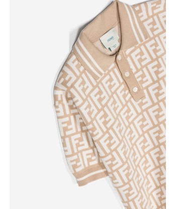 Fendi Boys FF Knit Polo Shirt in Beige pas cher 