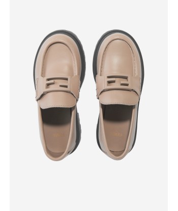 Fendi Kids Leather Logo Loafers in Beige Faites des économies