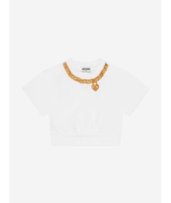 Moschino Girls Necklace Print Sweater Top in White en stock