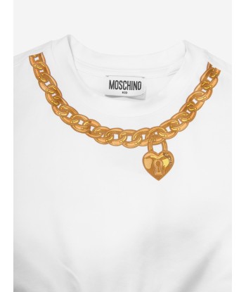 Moschino Girls Necklace Print Sweater Top in White en stock