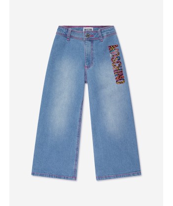 Moschino Girls Wide Leg Logo Jeans in Blue Amélioration de cerveau avec