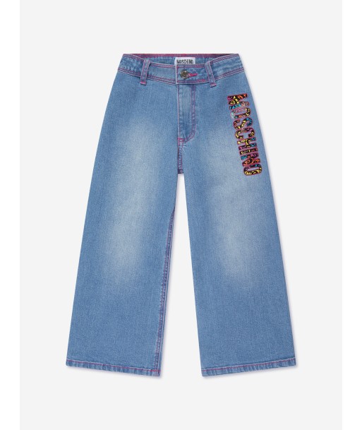 Moschino Girls Wide Leg Logo Jeans in Blue Amélioration de cerveau avec