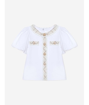 Patachou Girls Jacquard Trim T-Shirt in White Pour