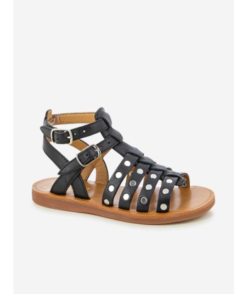 Pom D'Api Girls Leather Plagette Stud Sandals in Black Toutes les collections ici