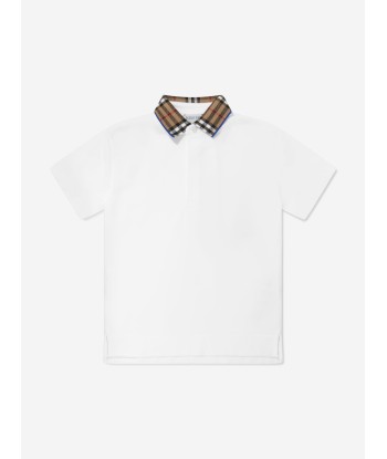 Burberry Boys Check Collar Johane Polo Shirt in White outlet