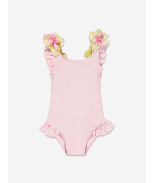 Selini Action Girls Flower Strap Swimsuit in Pink rembourrage situé sous