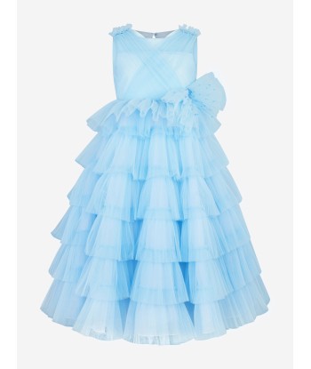 Marchesa Girls Bow Embellished Pleated Tulle Gown in Blue soldes