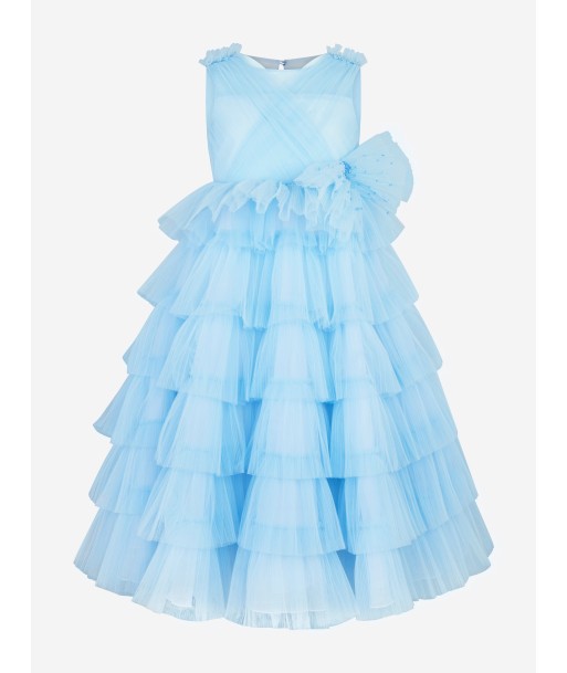 Marchesa Girls Bow Embellished Pleated Tulle Gown in Blue soldes