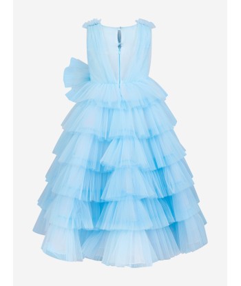 Marchesa Girls Bow Embellished Pleated Tulle Gown in Blue soldes