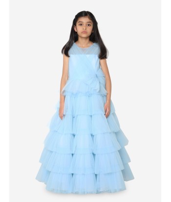 Marchesa Girls Bow Embellished Pleated Tulle Gown in Blue soldes