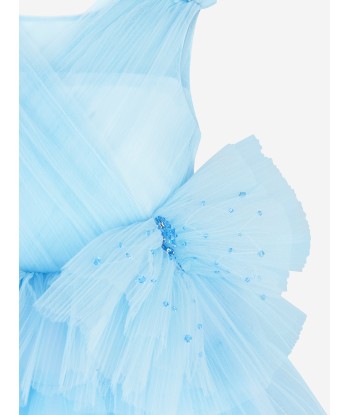 Marchesa Girls Bow Embellished Pleated Tulle Gown in Blue soldes