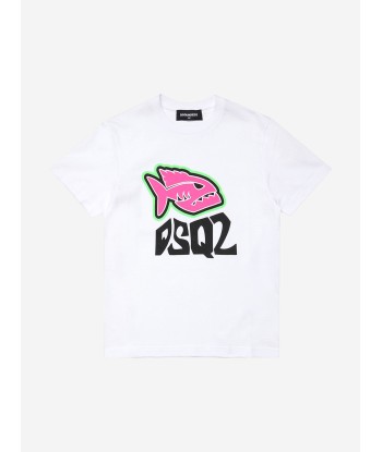 Dsquared2 Kids Fish Logo T-Shirt in White pas cher 