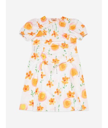 MARNI Girls Flower Print Poplin Dress in White commande en ligne