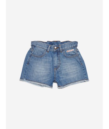 MARNI Girls Raw Cut Denim Shorts in Blue en stock