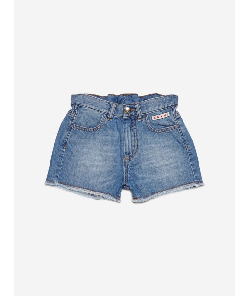 MARNI Girls Raw Cut Denim Shorts in Blue en stock