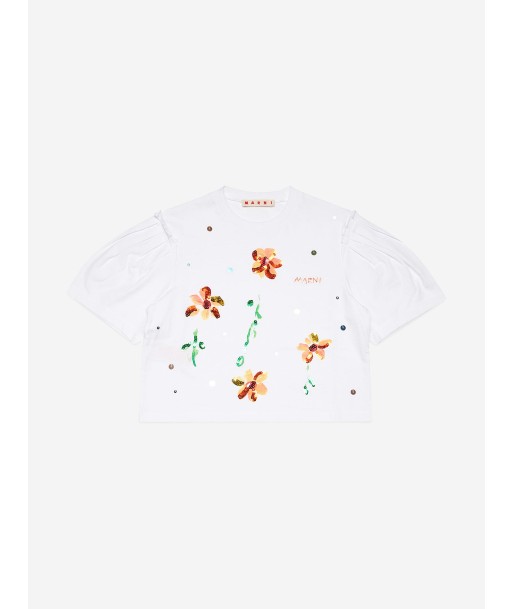 MARNI Girls Embellished Flower T-Shirt in White acheter