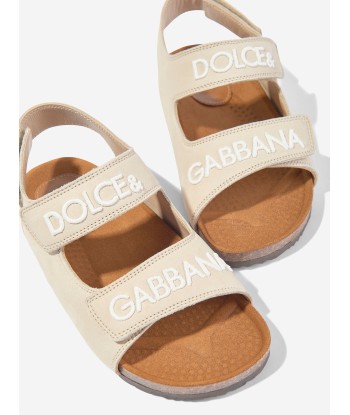 Dolce & Gabbana Kids Leather Embroidered Logo Sandals in Beige de votre